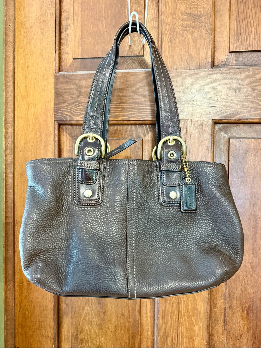 Coach Dark Brown Pebbled Leather Double Handle Shoulder Bag with Gold Hardware